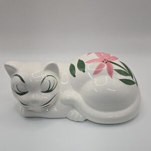 Vintage Napping Ceramic Cat Figurine with Pink and Green Floral Design